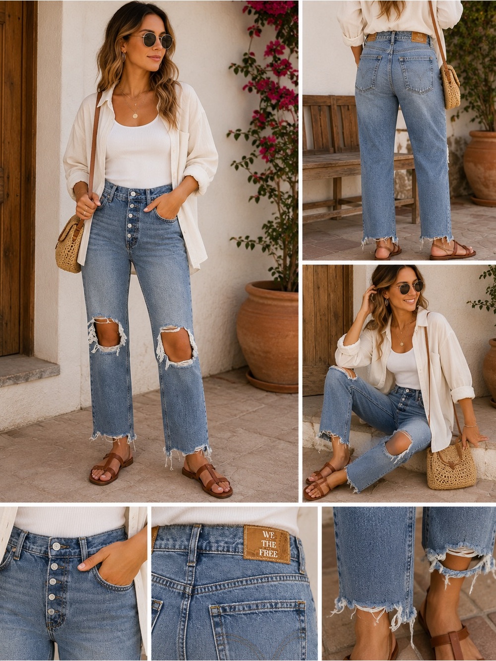 We The Free Maggie Mid Rise Jeans Size 30 Distressed Raw Hem Straight Leg